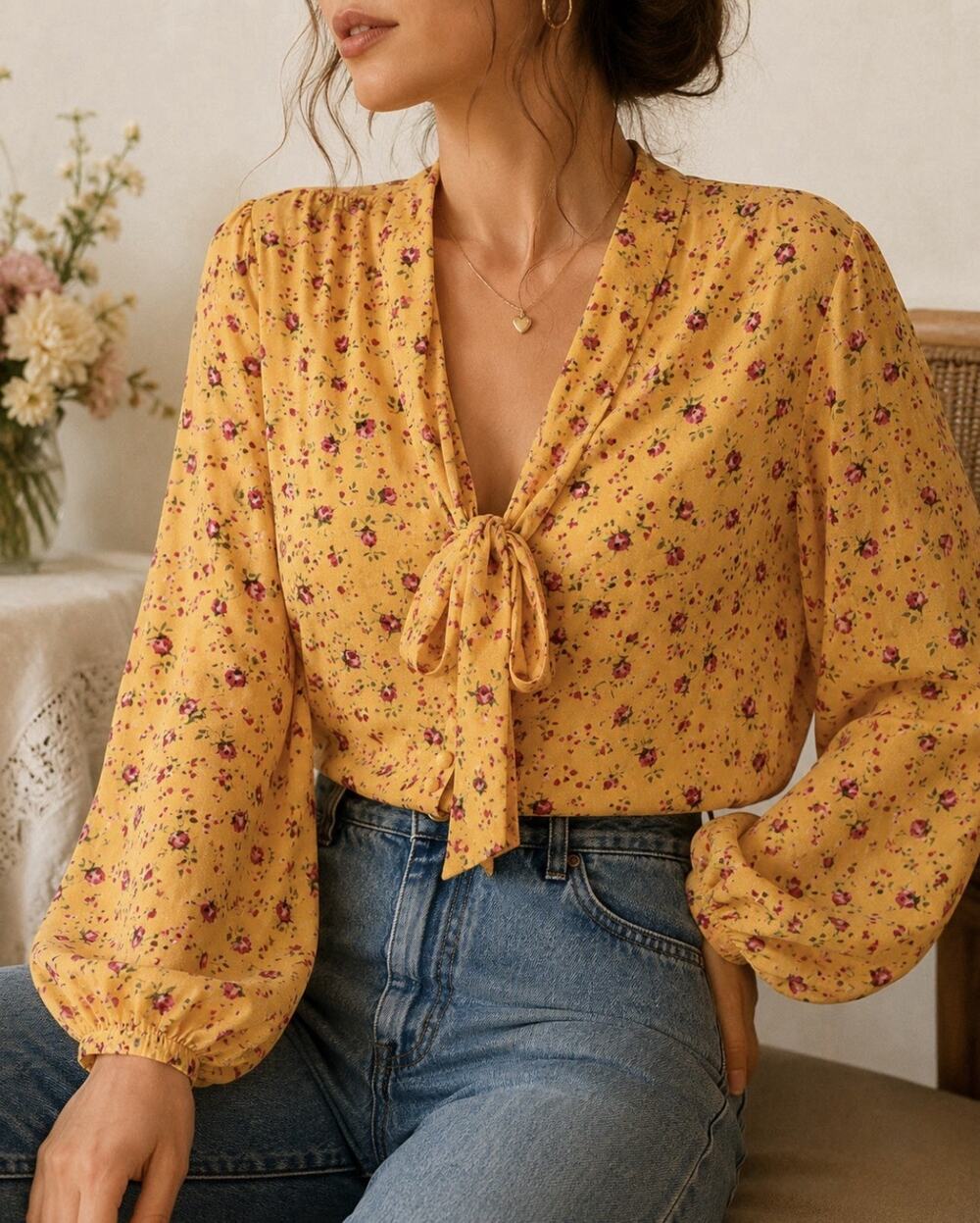 Privacy Please XL Yellow Floral Tie Neck Blouse Cottagecore LS Top NWT
